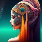 Colorful digital artwork of woman with ornate headdress and teal eye motif