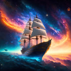 Sailing ship in cosmic seascape with stars and planet