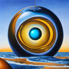 Surreal painting of glossy spherical object with rings above ocean horizon at sunset