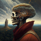 Surreal skull portrait with tree branches brain, red robe, stormy landscape