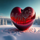 Heart-shaped object with forest reflection in snow-covered landscape under blue sky.