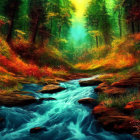 Autumn forest with waterfall and stream under green glow