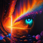 Vivid cosmic scene with blue eye in fiery landscape