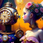 Steampunk scene with clockwork backdrop and fairy character in floral gear.