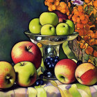Colorful Still Life of Apples and Grapes on Glass Pedestal Bowl