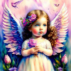 Illustration of angelic child with multicolored wings holding purple flower in soft pink setting