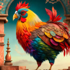 Colorful Rooster Illustration Among Flora, Chess Piece, and Mountains