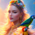 Digital Artwork: Woman with Floral Crown and Blue Parrot, Soft Light Background