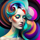 Colorful Abstract Digital Art: Woman's Profile with Swirling Patterns