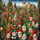 Vibrant Christmas scene with Santas, elves, trees, toys & snowflakes