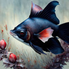 Stylized black fish with red fins among coral and flowers on grey background
