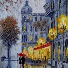 Impressionistic painting of people on rain-soaked city street