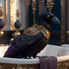Raven with Gold Jewelry on Luxurious Bathtub in Opulent Bathroom