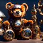 Steampunk-themed teddy bear with goggles and brass gears
