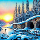 Winter scene with stone bridges, pine trees, river swans, and colorful sunrise