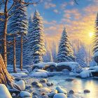 Winter scene: snow-covered pine trees, stone bridge, frozen creek, twilight sky