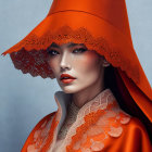 Woman in Orange Cloak with Lace Detailing and Red Makeup