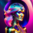 Colorful wavy hair and intricate jewelry on a woman in neon-lit digital portrait
