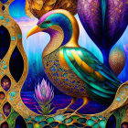 Colorful Peacock Illustration with Intricate Patterns and Ornate Flora
