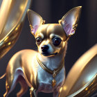 Glossy Fur Chihuahua with Golden Accessories on Blurred Background