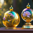 Ornate glass globes with gold detailing and delicate flowers in serene garden setting