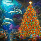 Dolphins Swimming Around Lit Christmas Tree Underwater