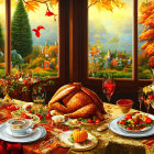 Vibrant autumn leaves and berries on windowsill with fall landscape view