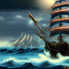 Digital artwork of old sailing ship in turbulent ocean with dramatic sky