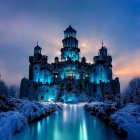 Snow-covered chapel by calm river at twilight with serene, mystical atmosphere and blue-violet hues