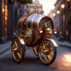 Steampunk Vehicle with Brass Detailing on Cobbled Street at Sunset