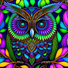 Colorful Owl Artwork with Intricate Patterns and Stylized Leaves