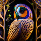 Colorful stylized owl with intricate patterns on dark background