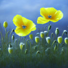 Vibrant yellow poppy flowers in bloom with green grass and blue background