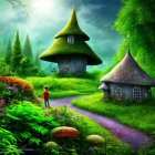 Child walking in enchanted forest with mushroom houses under sunlit canopy