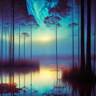Tranquil Night Landscape with Trees, Water, Stars, Aurora Borealis, and Rain