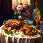 Luxurious sunset view spread with pizza, bouquet, fruits, and wine.