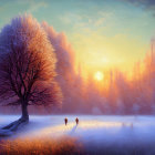 Tranquil winter sunset scene with frosted trees, snowy ground, and distant figures