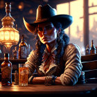 Digital artwork: Woman in cowboy hat at bar with whiskey bottle and vintage lamp