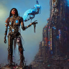 Female warrior with cybernetic enhancements in tribal attire against industrial cityscape with blue shield