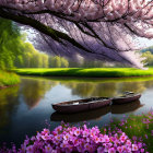 Tranquil lake scene with cherry blossoms, boat, and sunny trees