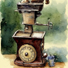 Vintage manual coffee grinder and blue espresso cup in watercolor art