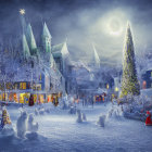 Charming winter village scene with moonlit sky and snowflakes