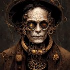 Steampunk-inspired artwork: Glowing goggles on face amid gears in dark, twisted tree.