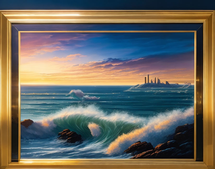 Surreal seascape oil painting with large waves and dramatic sky