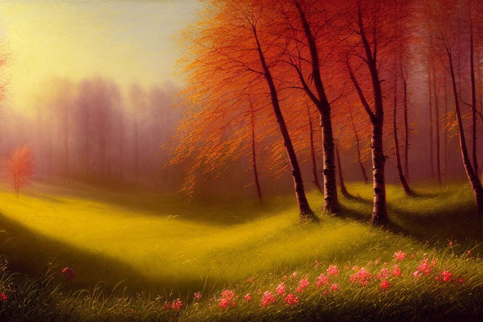 Tranquil forest landscape with sunlight, green grass, pink wildflowers, and orange leaves