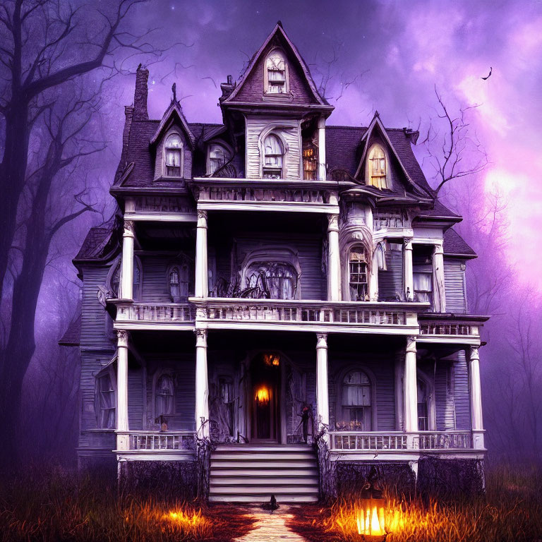 Victorian mansion at dusk with purple sky and mysterious glow