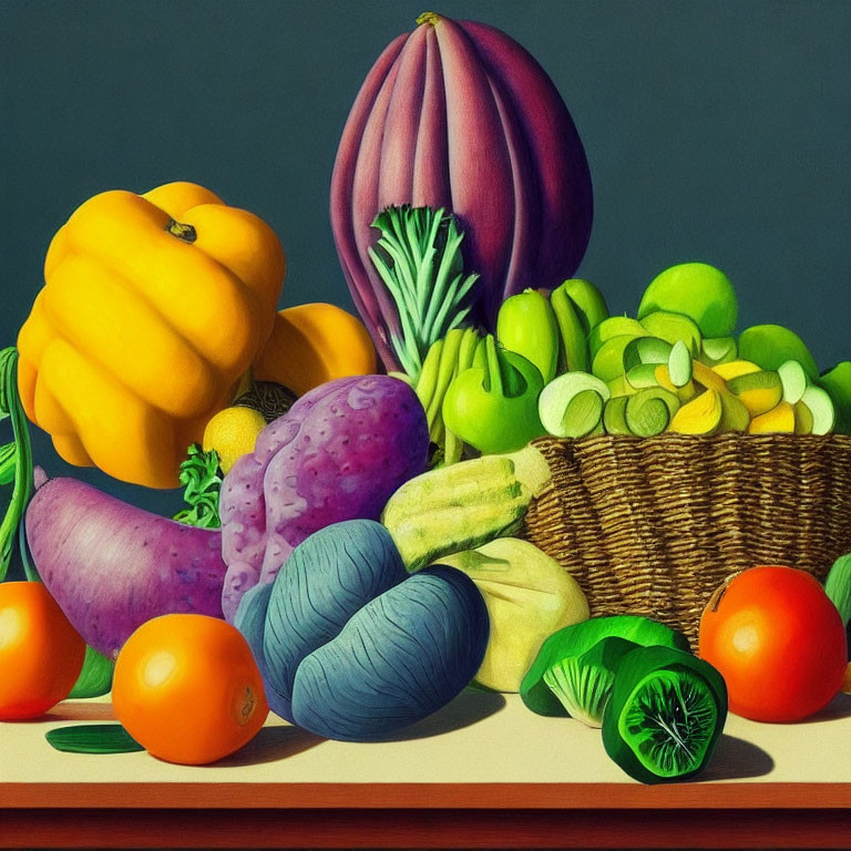 Vibrant still life painting of fruits and vegetables on a table