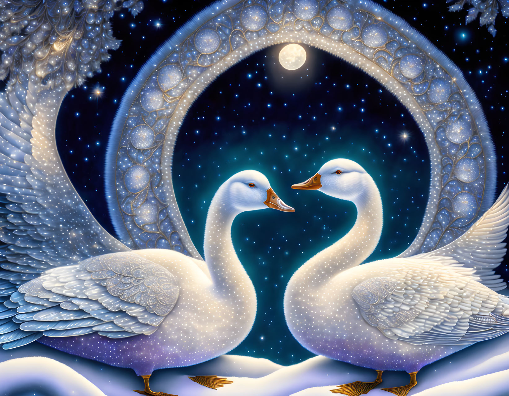 Illustrated swans with spread wings under a starry night sky and ornate moon.