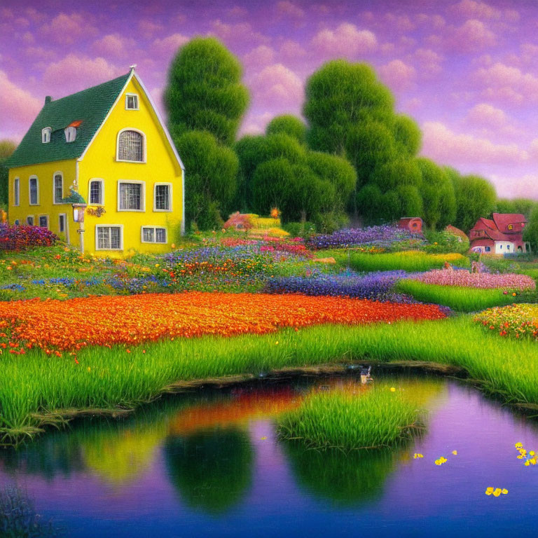 Colorful painting of yellow house in flower fields with pond