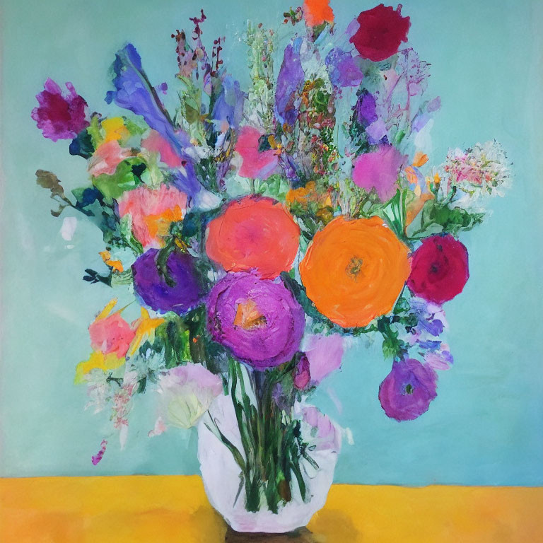 Colorful Flower Bouquet Painting on Yellow and Blue Background